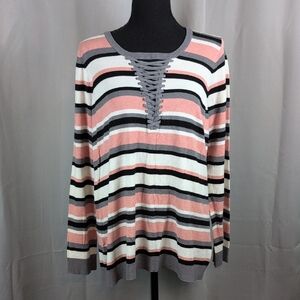 Torrid Lace-Up Striped Sweatshirt - Pink, White, Black